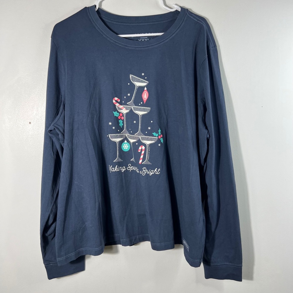 Womens Life Is Good Making Spirits Bright Long Sleeve Crusher Tee Shirt Blue 3XL